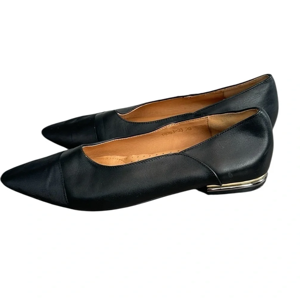 Marzella Black Leather Pointed Toe Flats Size 39 Minimalist Classic Workwear